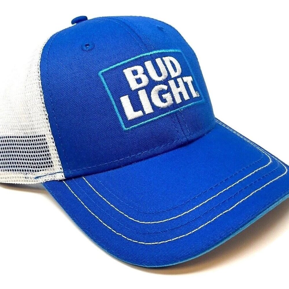 BUD LIGHT BEER PATCH LOGO MESH TRUCKER SNAPBACK HAT CAP ADJUSTABLE CURVED BILL